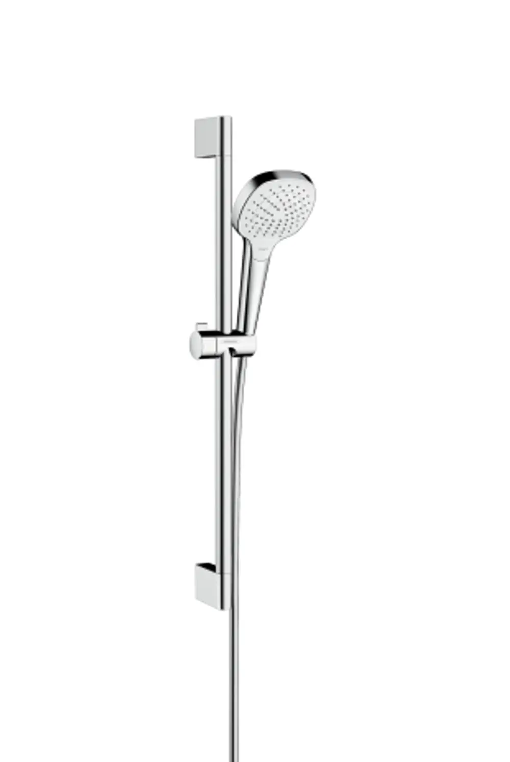 Hansgrohe Duschset mit Handbrause, montiert an einer vertikalen Stange. Die Oberfläche ist glänzend und reflektiert, in einem klaren Design ohne sichtbare Logos.